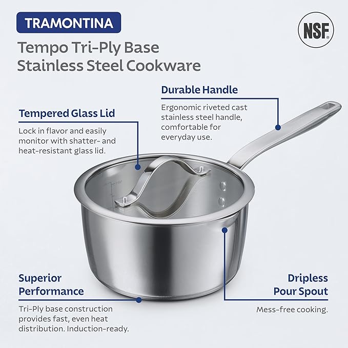 Tramontina Tempo Tri-Ply Base Stainless Steel 14-Piece Cookware Set with Glass Lids, Pots and Pans Kitchen Set, Induction-Ready, Oven-Safe, Dishwasher-Safe