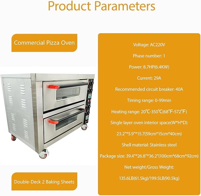 220V Commercial Pizza Oven 6.4KW Single Phase Stainless Steel Double-Deck 2 Baking Sheets Countertop Electric Movable Pizza Oven with Universal Wheels for Commercial Use