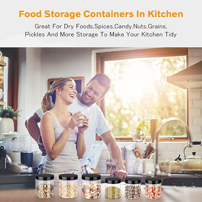 Plastic Jars with Lids 8 oz & 14 oz 24Pcs Clear Plastic Slime Storage Jars Containers with Airtight Leak Proof Black Screw On Lids Cylinder Clear Round Jar Food Grade Durable Jar