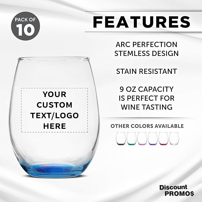 Custom Stemless Wine Glass 9 oz. Set of 10, Personalized Bulk Pack - Great for Wedding Favors, Bachelorette Party Decorations, Party Favors, Color Bottom - Blue