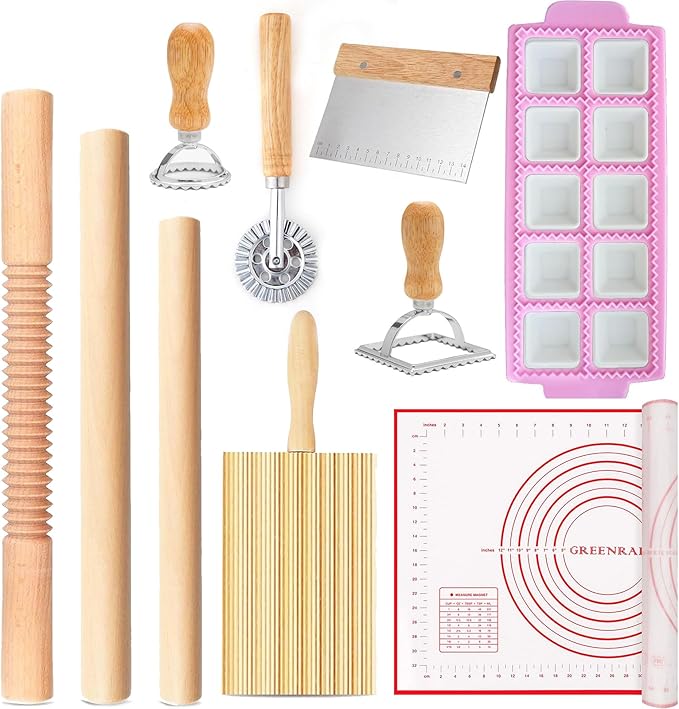 Pasta Making Tools, 10 PCS Pasta Making Kit with 1 Ravioli Maker,3 Rolling Pins,1 Gnocchi Board,1 Ravioli Cutter, 2 Pasta Stamps,1 Dough Cutter, 1 Baking Mat, for Pasta Maker And Kitchen DIY Gift