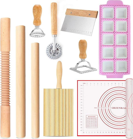 Pasta Making Tools, 10 PCS Pasta Making Kit with 1 Ravioli Maker,3 Rolling Pins,1 Gnocchi Board,1 Ravioli Cutter, 2 Pasta Stamps,1 Dough Cutter, 1 Baking Mat, for Pasta Maker And Kitchen DIY Gift