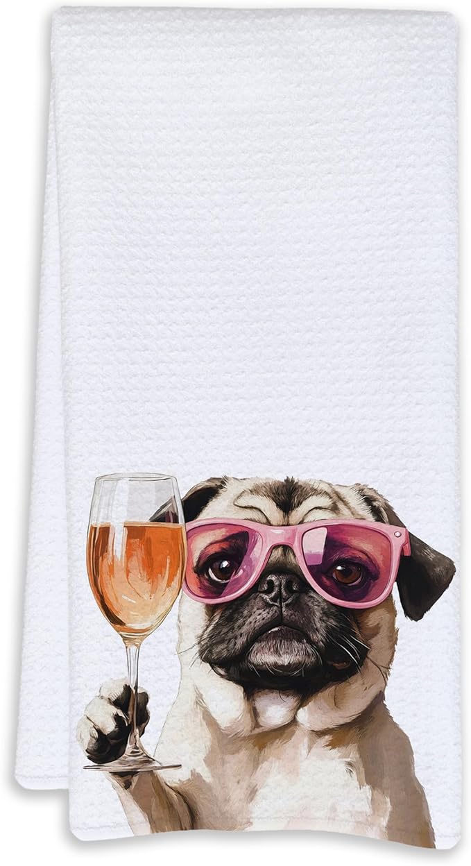 Cabana Bro Funny Wine Pug Kitchen Towels, Pug Lover Gifts Dish Tea Hand Towels for Kitchen Bar Cart Decor, Gifts for Wine Lovers, Bar Towel for Bartender, 16x24 Inches