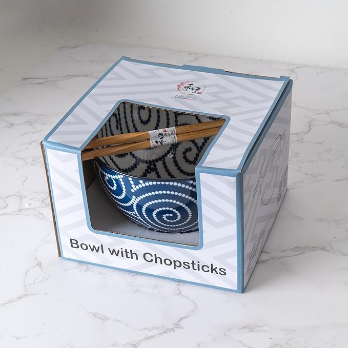 Urban Tokyo Porcelain Japanese Motif Design Ramen Udon Noodle Rice Bowl With Chopsticks 20 fl oz 6 inch Diameter Bowl Sets Color Box Packaging (Brush Swirl)