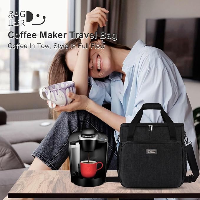 BAGLHER Coffee Maker Travel Bag Compatible with Keurig K-Classic、Keurig K-Elite、Keurig K-Compact or Other Accessories, Portable Coffee Maker Case with Shoulder Strap for Travel, Black