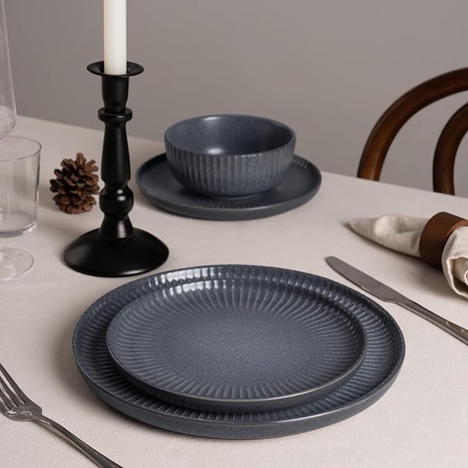 Famiware Starlight Dinnerware Sets, Plates and Bowls Dish Set of 8 (24 Pieces), Ribbed Textured Tableware - Dishwasher & Microwave Safe, Chip Resistant, Reactive Glaze, Matte Midnight Grey