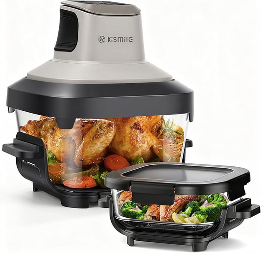 Kismile Air Fryer, 4-in-1 Portable Glass Air Fryer Cooking System, 4.5QT & 1.8QT Glass AirFryer Containers with Storage Lids, Air Fry, Grill, Bake, Roast, Microwave, Freezer & Dishwasher Safe, 1550W