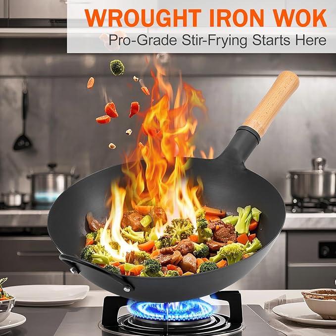WANGYUANJI Iron Wok, 14.17 inch Traditional Round-Bottom Wok, Chef’s Professional Stir-Fry Pan with Wooden Handle, Chemical-Free Iron Wok for Gas Stoves and Round-Bottom Induction Stovetop