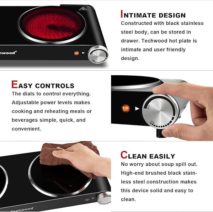 Hot Plate, Techwood 1800W Dual Electric Stove, Countertop Stove Double Burner for Cooking, Infrared Ceramic Hot Plates Double Cooktop, Brushed Stainless Steel Easy to Clean Upgraded Version, Black