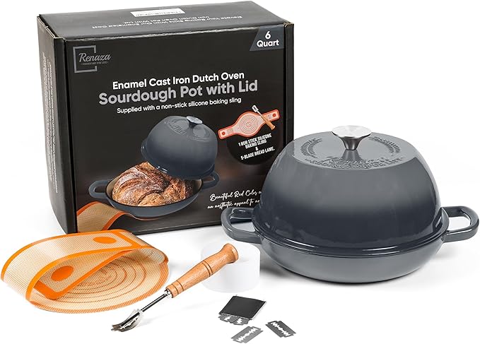 Enameled Cast Iron Dutch Oven Pot with Lid - Dutch Oven for Sourdough Bread Baking - With 5 Blade Bread Lame & Non-Stick Silicone Sling perfect for Sourdough Breads & more. Cast Iton Enamel Braiser Pan with Lid (GREY, 6 Quart Sourdough Pot)