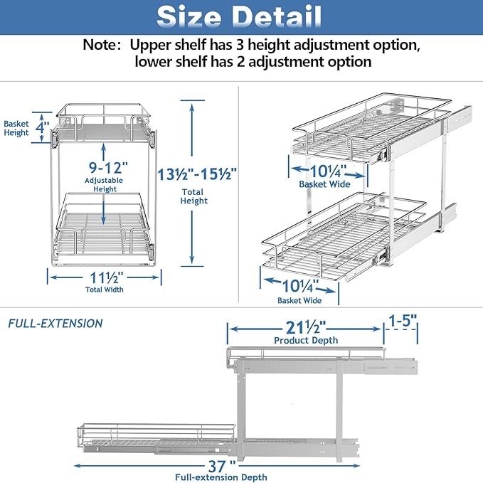 2 Tier Individual Pull Out Cabinet Organizer 11½" W x 21½" D, Heavy Duty Cabinet Pull Out Shelves, Slide Out Drawers Organization for Kitchen Cabinets Bathroom