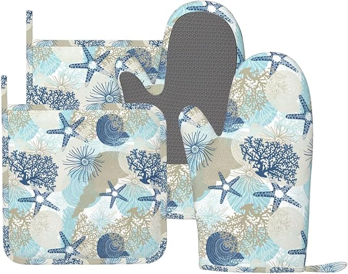 Nautical Coastal Oven Mitts and Pot Holders Set of 4 Silicone Starfish Seashell Coral Algae Beach Themed Blue Kitchen Mitten Gloves Potholders Set Oven Gloves Hot Holders for BBQ