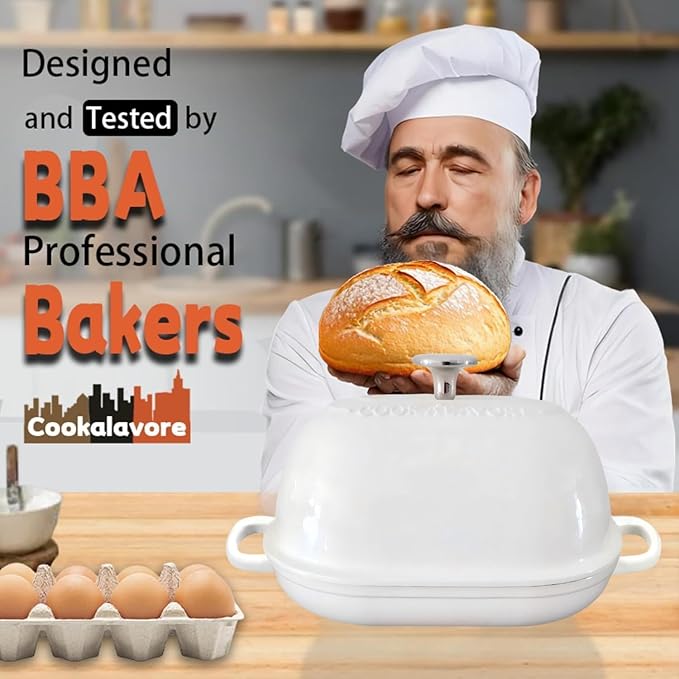 Cast Iron Bread Oven,6 QT Bread Oven,Thick Enameled Loaf Pan with Lid,Bread Pans for Homemade Bread,14.5"Dutch Oven for Bread Baking,Dutch Oven-with Silicone Baking Mat&Recipe,Gifts for Family,White