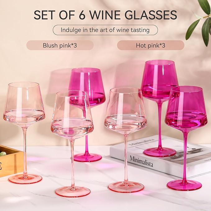 Hot Pink Wine glasses set-Magenta&Blush Pink Colored Wine Glasses Set of 6 Gifts for Women Hand-Blown Colored Morden Crystal Glassware for Lady Bachelorette,Party,Celebration,Birthday