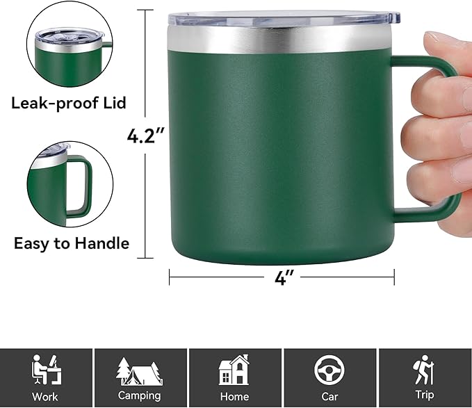 VEGOND 14 oz Insulated Coffee Mug Bulk with Handle, Stainless Steel Travel Coffee Mug with Lid, Double Wall Vacuum Metal Coffee Cup, Coffee Tumbler Powder Coated, Dark Green 4 Pack