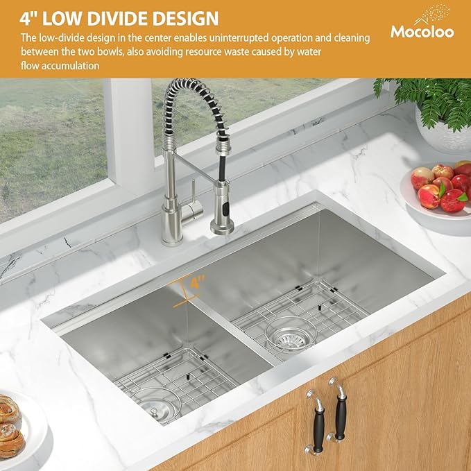 Mocoloo Double Bowl Kitchen Sinks - 50/50 Undermount Double Bowl 16 Gauge Low Divide Workstation 33 x 19 Inch Stainless Steel Sink Handmade, 10'' Deep Basin