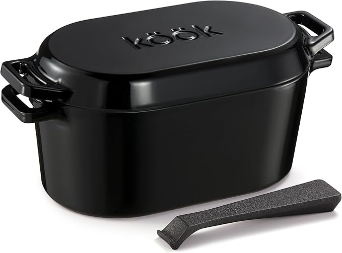 KooK Dutch Oven, for Bread Baking, Sourdough Loaf Pan, with Lid, Dual Handles, Enameled Cast Iron, includes Lid Lever, Dishwasher Safe, 3.4 Qt, Black