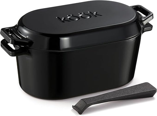 KooK Dutch Oven, for Bread Baking, Sourdough Loaf Pan, with Lid, Dual Handles, Enameled Cast Iron, includes Lid Lever, Dishwasher Safe, 3.4 Qt, Black
