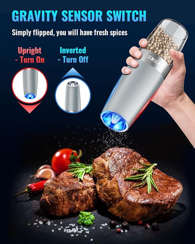 XinXu Gravity Electric Pepper Grinder, Salt or Pepper Mill & Adjustable Coarseness, Battery Powered with LED Light, One Hand Automatic Operation -Set/Light Grey
