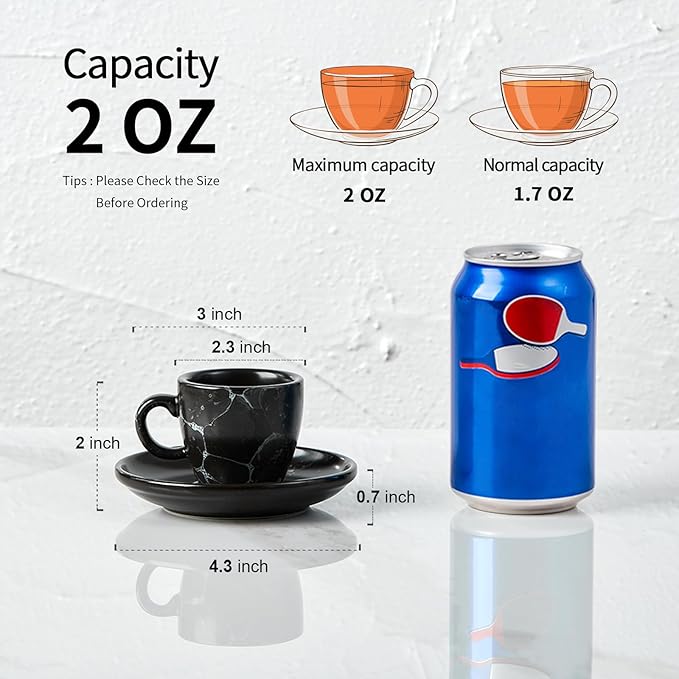 SIDUCAL Espresso Cups Set of 6,2 Ounce Ceramic Coffee Cups with Saucers,Porcelain Double Espresso Shot Cup Set,Gift Box for Boyfriend Gift(Black)