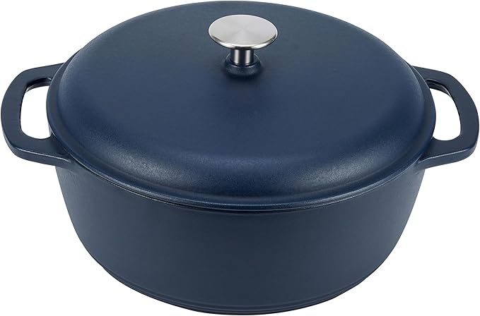 Amazon Basics Cast Iron Dutch Oven Pot with Lid, Enameled, Round, Dual Handles, Heavy-Duty, Medium, 6-Quart, Matte Navy