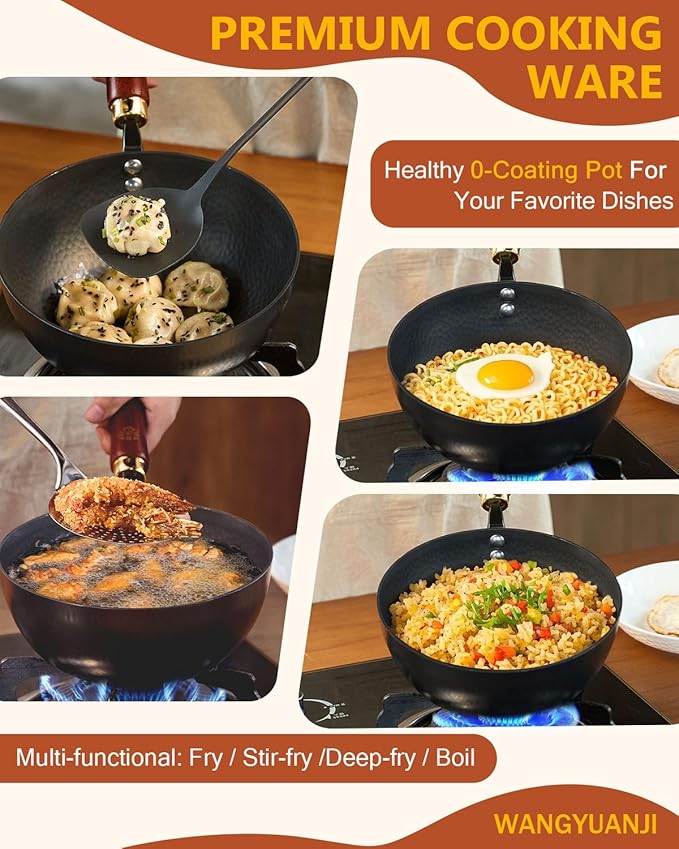 WANGYUANJI Iron Wok,Non-Coated Flat Bottom Small Wok,8.6-Inch Wrought Iron Wok with Lid and Spatula,Stir-Fry Pans Pure Iron Cookware Compatible with Induction, Gas, and Electric Ceramic Cooktops