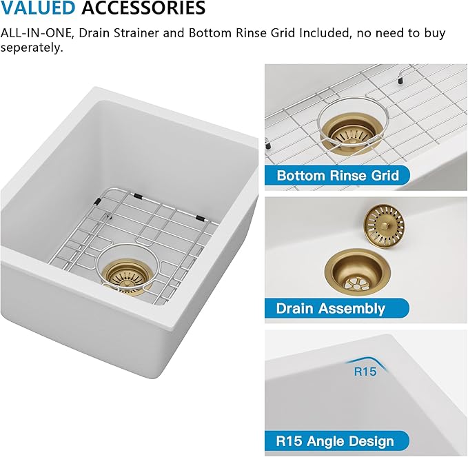 15"x18" Undermount Bar Prep Sink – White Granite Composite Quartz Classic Under Counter Single Bowl Sink Basin for Wet Bar, RV, Small Kitchen, Mobile Home