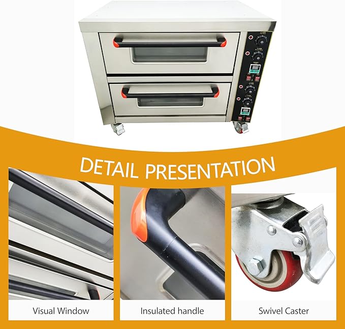 220V Commercial Pizza Oven 6.4KW Single Phase Stainless Steel Double-Deck 2 Baking Sheets Countertop Electric Movable Pizza Oven with Universal Wheels for Commercial Use