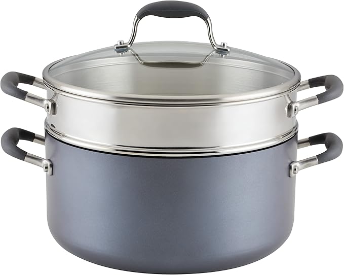 Anolon Advanced Home Hard Anodized Nonstick Wide Stockpot with Stainless Steel Steamer Insert and Glass Lid, 3 Piece Cookware Steamer Set, Moonstone
