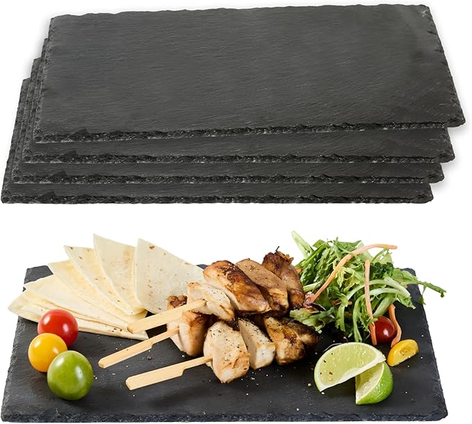 Restaurantware Slate Serving Trays 4 Pack of 11.8" x 7.8" Foam Feet Charcuterie Stone Plates Rustic Edges Freezable Black Serving Display Cheese Boards for Kitchen, Gourmet, Dining, Parties