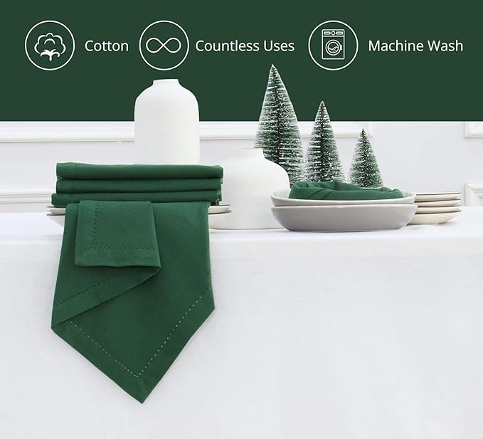 PurpleEssences Set of 12 Hemstitch Cloth Dinner Napkins 100% Cotton - Soft Durable Washable - Ideal for Wedding Fall Thanksgiving - Perfect Everyday Use Table Linen 18x18 - Forest Green