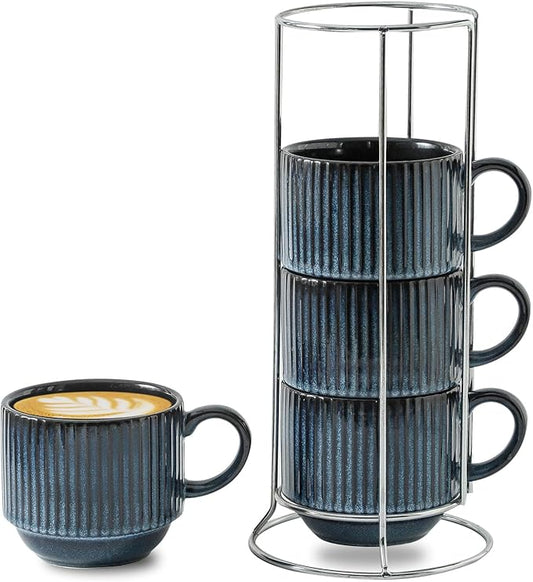 Hasense Coffee Cups Set of 4 with Stand, 15 OZ Stackable Coffee Mugs with Handle for Tea, Cocoa, Cappuccino, Latte and Americano, Porcelain Vertical Stripe Coffee Cups for Men and Women, Navy