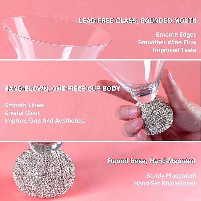 Martini Glasses Set of 4,Stemless Margarita Glasses,Unbreakable Crystal Fancy Cocktail Glasses,10 Oz Bar Glass,for Party,Birthday,Manhattan, Cosmopolitan, Home Bargifts Women (Silver Pink)