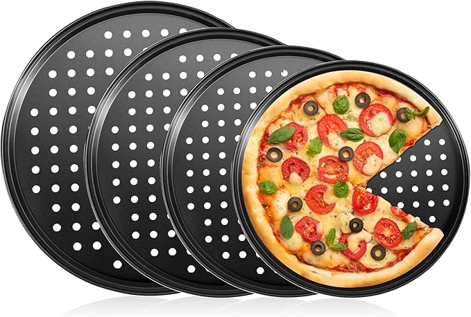 Round Pizza Pans with Holes, 4pc Set - Perforated Non-Stick Pizza Baking Pans for Oven, 9/10/11/12 Inch