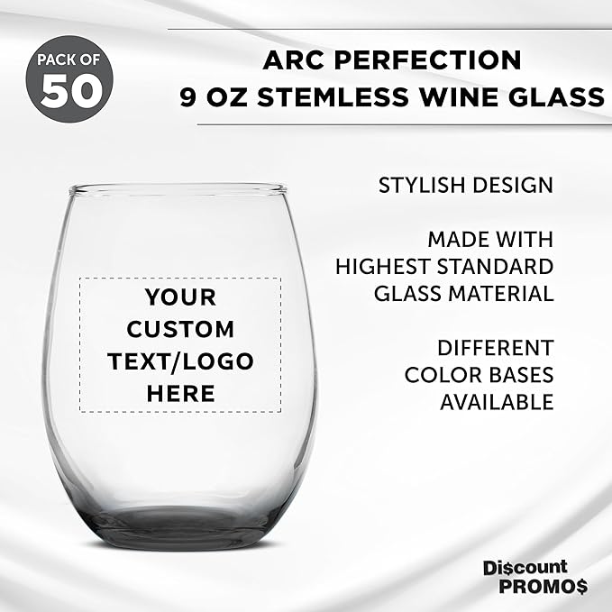 Custom Stemless Wine Glass 9 oz. Set of 50, Personalized Bulk Pack - Great for Wedding Favors, Bachelorette Party Decorations, Party Favors, Color Bottom - Black