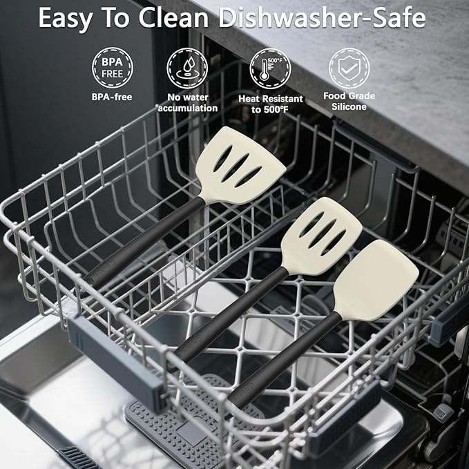 Coukre 3 Pack Silicone Spatula Set, High Heat Resistant, BPA-Free, Fish Spatula, Solid & Slotted Turner for Non-Stick Pans, Flipping Eggs, Pancakes, Fish, Burgers (3, BeigeBlack)