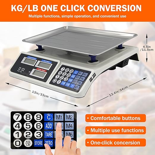 88lb/40kg Price Computing Scale, Digital Price Computing Scale with Stainless Steel Large Platform, Weight Food Kitchen Scale with Dual LCD Display for Farmers Market, Retail Outlets, Meat Shop, Deli