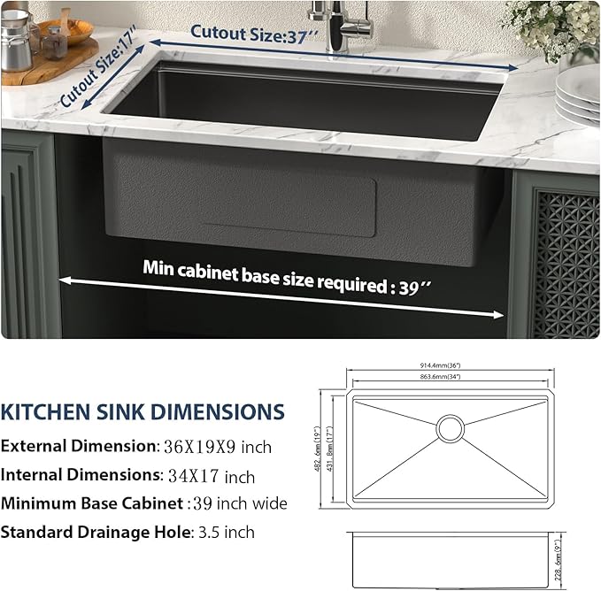 Lordear 36 Inch Black Undermount Kitchen Sink Workstation 16 Gauge Stainless Steel Single Bowl with Built-in Accessories, 36x19x9 Inch Gunmetal Black Nano-pvd