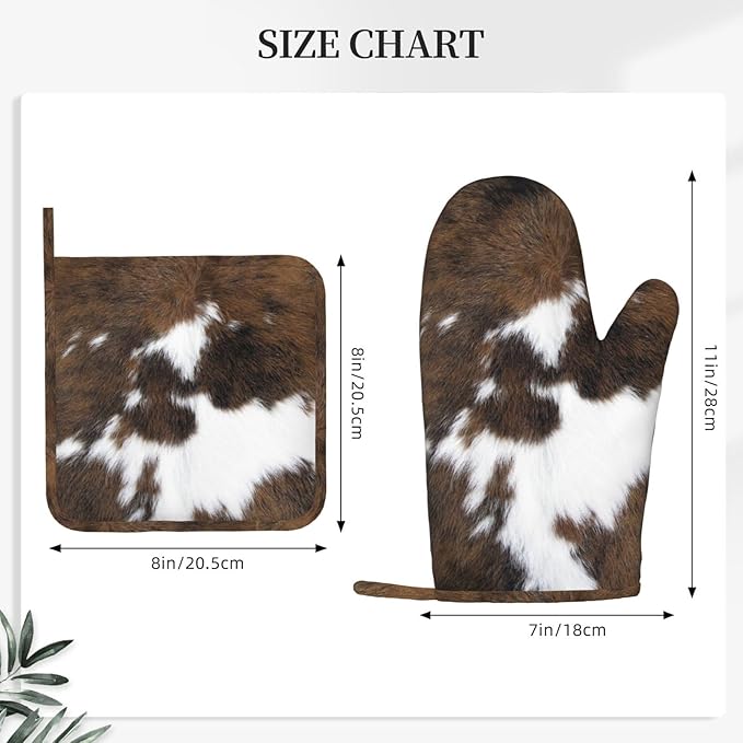 Cow Print Oven Mitts and Pot Holders Set of 4 Silicone Brown Cowhide Kitchen Mitten Gloves and Non-Slip Brown White Cow Print Potholders Set Heat Resistant Oven Gloves Hot Holders for BBQ