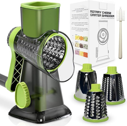 Rotary Cheese Grater with Handle, XinM Cheese Shredder Kitchen Mandoline Vegetable Slicer with 3 Interchangeable Blades, Easy to Clean Rotary Grater for Cheese Potato Nuts Chocolate (Green)