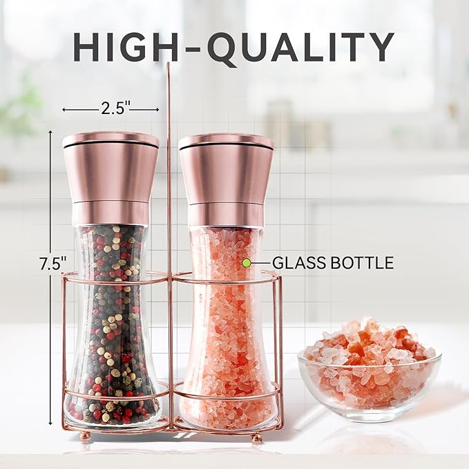 Copper Stainless Steel Salt and Pepper Grinder Set Manual Himalayan Pink Salt Mill|Salt and Pepper Shakers with Adjustable Coarseness and Clear Glass Body (Pack of 2)