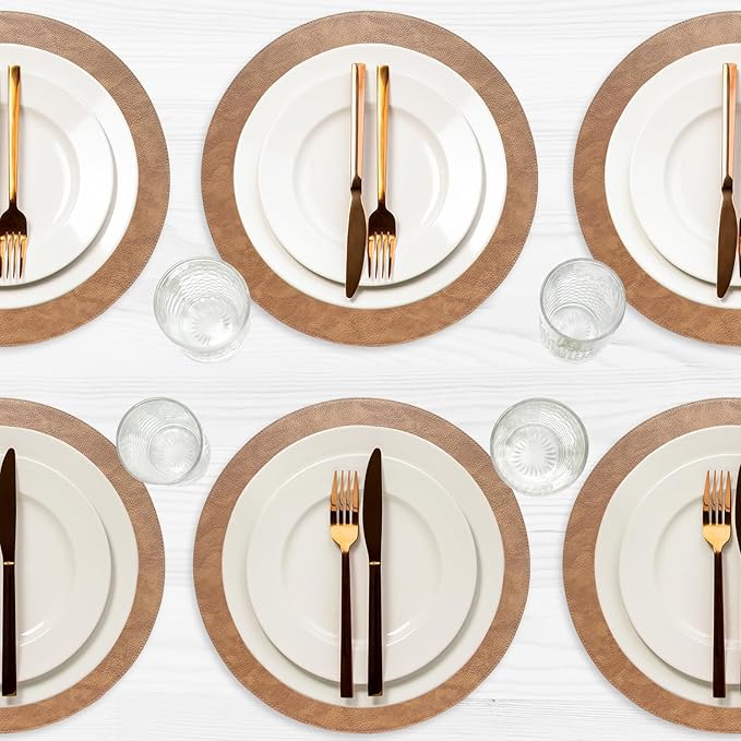 Placemats Set of 6 – Round 15” Faux Leather Table Mats for Dining, Heat Resistant & Non-Slip Washable Table Decor, Indoor, Outdoor, Dining Table Set for 6, Modern Kitchen & Holiday Use, Camel