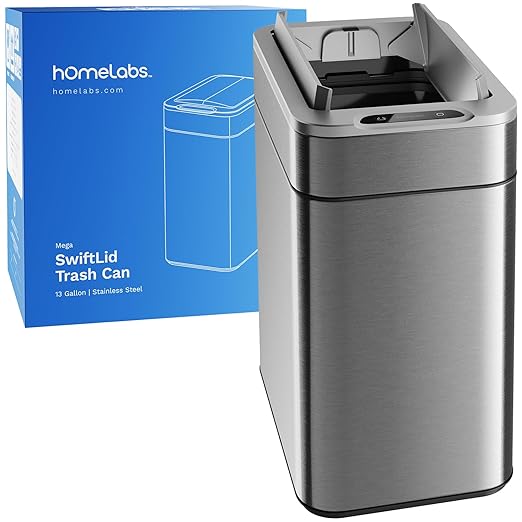 hOmeLabs - 13 Gallon Kitchen Trash Can - Retractable Automatic Sensor Butterfly Lid, Space-Saving Design, Easy to Clean, Battery-Operated with Batteries Included - Stainless Steel