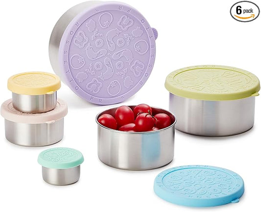 Stainless Steel Food Container, Set of 6, Nesting Bowls with Colorful Lids, stackable leakproof Metal Lunch Box Set for Kids, Daycare, School, Travel. Sauce Salad dressing Container to go (Serenity)