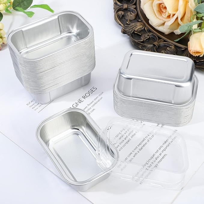 EUSOAR Creme Brulee Cups, 5.7oz 50pcs Silver Disposable Aluminum Baking Cups Pans Ramekins with Lids for Pie Creme Brulee Pudding Dessert, Foil Cupcake Liners for Catering Gathering Shower