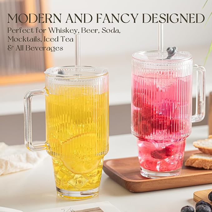 KEMORELA 6-Pack 24oz Glass Cups with Lids and Straws, Ribbed Textured Tumblers with Handle, Reusable Clear Drinking Glasses for Iced Coffee, Bubble Tea, Dishwasher Safe, Drinkware Set