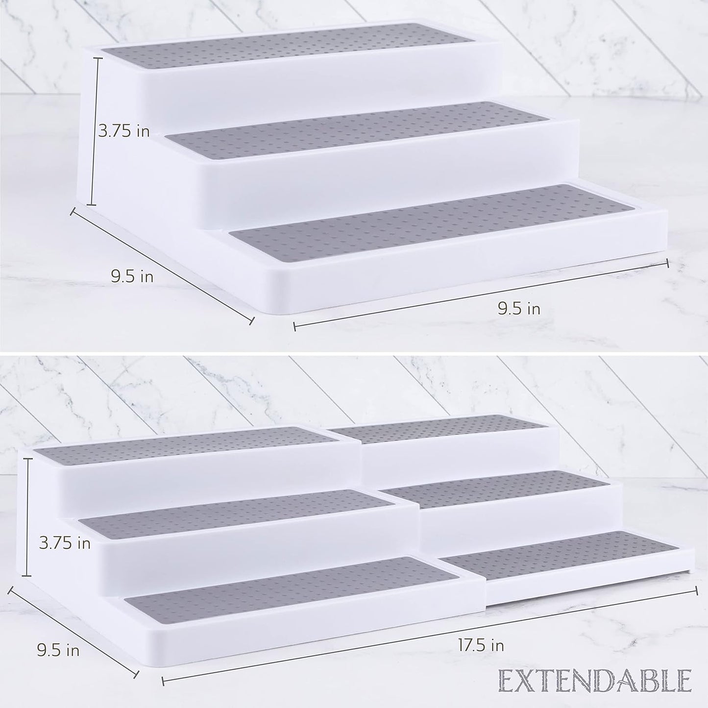 Oizeir 3–Tier Expandable Plastic Spice Rack - Adjustable Length, Stability with Non-Skid Shelf, Three Tiers for Easy Visibility, Organizer for Kitchen Cabinet, Pantry or Countertop, White/Grey