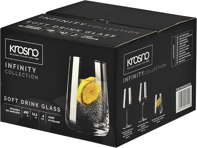 Krosno Glasses for Water, Juices and Other Drinks | Elegant Design | Set of 4 | Capacity 16.6 fl oz | Infinity Collection | Ideal for Home, Restaurant, Parties | Dishwasher Safe