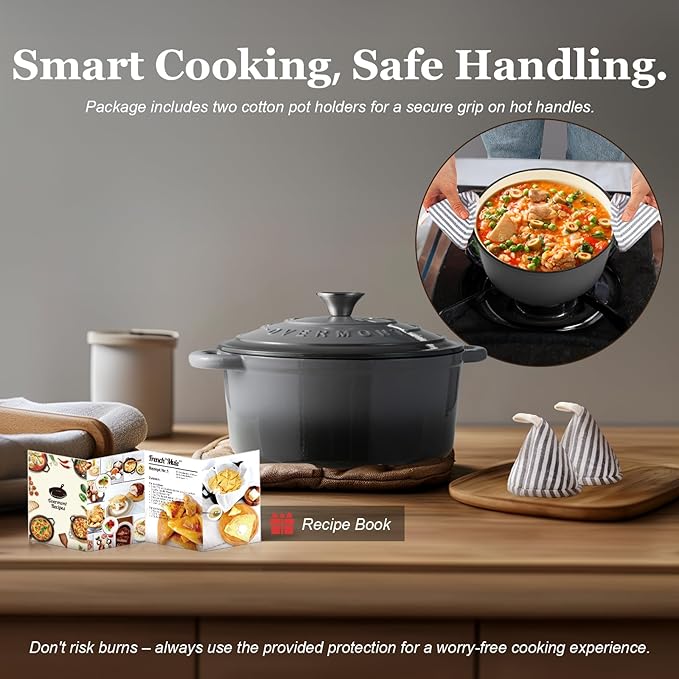 Overmont Enameled Cast Iron Dutch Oven - 4.5QT Pot with Lid Cookbook & Cotton Potholders - Heavy-Duty Cookware for Braising, Stews, Roasting, Bread Baking grey