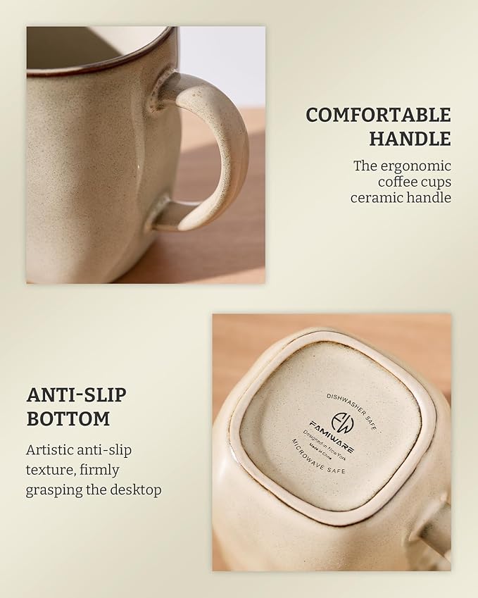 famiware Coffee Mugs Set of 6, Ocean Square 13oz Coffee Cup Set with Handle for Cocoa, Milk, Hot Chocolate, Tea, Water, Stoneware Cups for Kitchen, Microwave and Dishwasher Safe, Light khaki